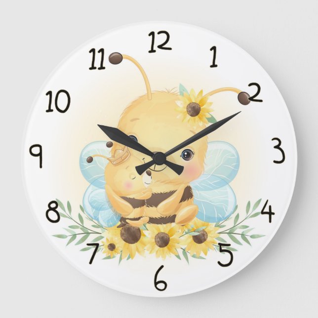 Cute Bumble Bee and Sunflowers Large Clock (Front)