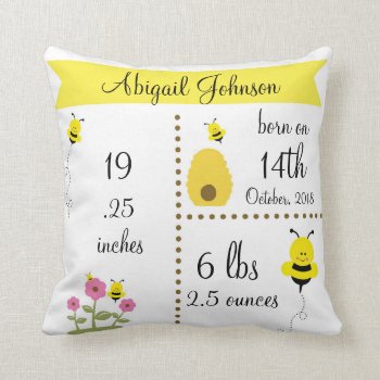 Cute Bumble Bee Baby Birth Announcement Pillow by OS_Designs at Zazzle