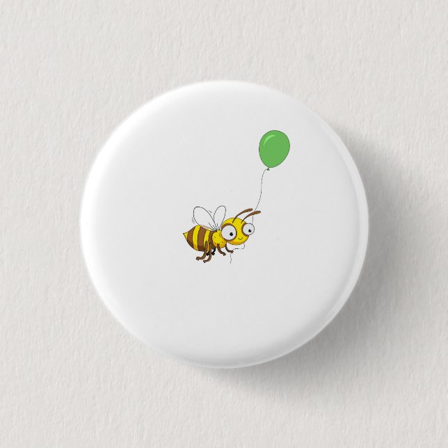 Cute bumble bee badge, pin, button with balloon (Front)