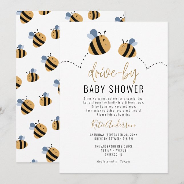 Cute Bumble Bee Drive-by Baby Shower Invitation (Front/Back)