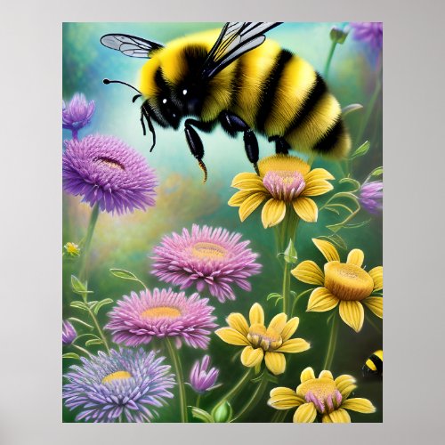 Cute Bumble Bee Floral Nature Art Poster