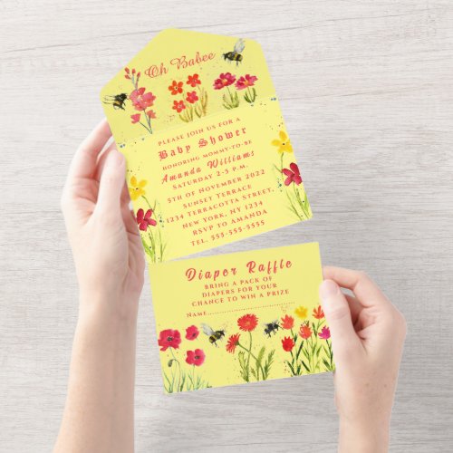 Cute Bumble Bee Floral Watercolor Baby Shower All  All In One Invitation