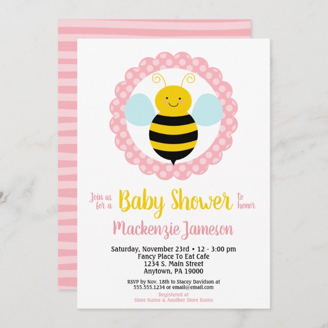 Cute Bumble Bee Girls Baby Shower Invitation (Front/Back)