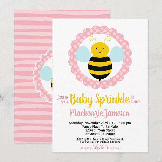 Cute Bumble Bee Girls Baby Sprinkle Invitation (Front/Back)