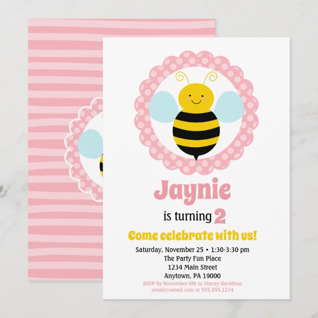 Cute Bumble Bee Girls Birthday Invitation (Front/Back)