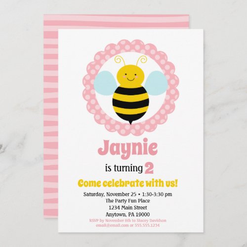 Cute Bumble Bee Girls Birthday Invitation