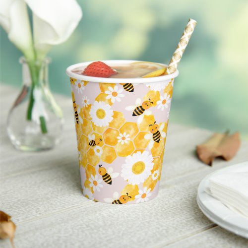 Cute Bumble Bee Honey Comb Yellow Baby Shower Paper Cups