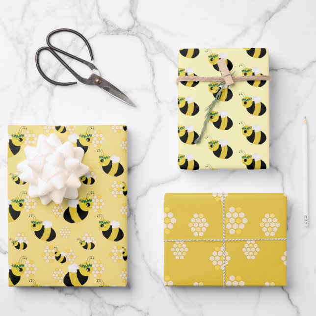 Cute Bumble Bee Honeycomb Pattern Baby Shower Wrapping Paper Sheets (Front)