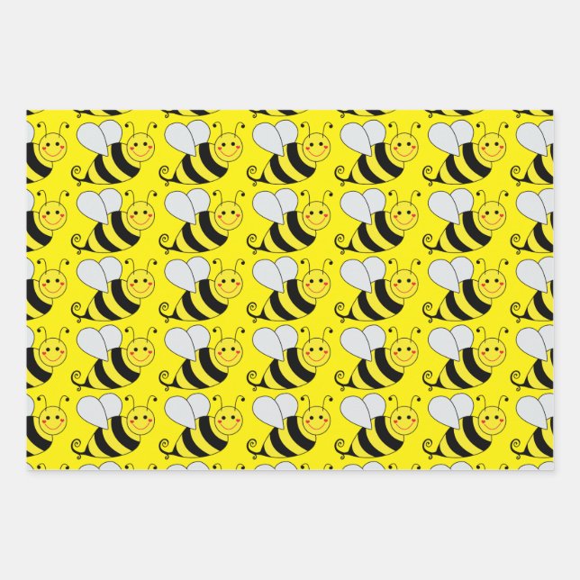 Cute Bumble Bee Pattern | Yellow Wrapping Paper Sheets (Front)
