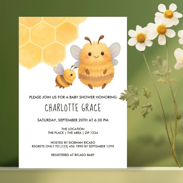 Cute Bumble Bee Personalized Baby Shower Invitation (Cute Gender Reveal What Will Baby Bee Baby Shower Invitation by Ricaso. Mom & Baby fluffy bumble bee)