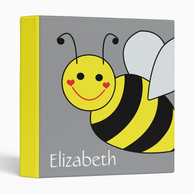 Cute Bumble Bee Personalized Gray 3 Ring Binder (Front/Spine)