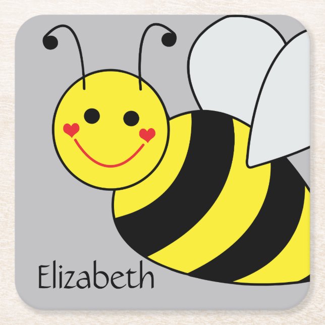 Cute Bumble Bee Personalized Square Paper Coaster (Front)