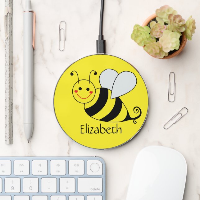 Cute Bumble Bee Personalized Yellow Wireless Charger (Desk)