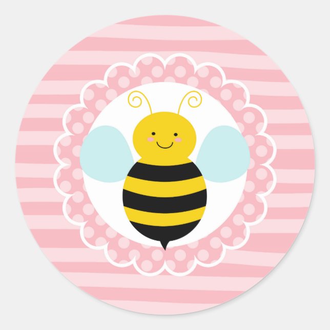 Cute Bumble Bee - Pink Yellow Classic Round Sticker (Front)