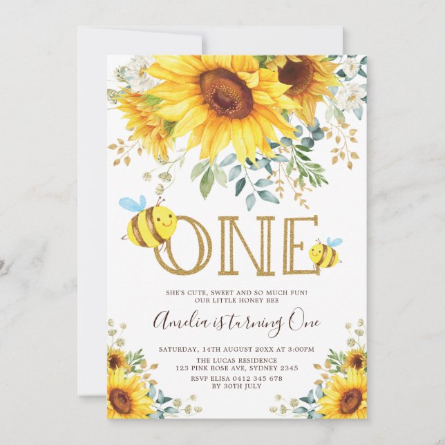 Cute Bumble Bee Sunflower Summer 1st Birthday Invitation (Front)