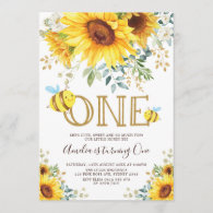 Cute Bumble Bee Sunflower Summer 1st Birthday Invitation