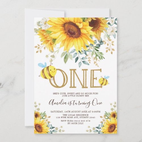 Cute Bumble Bee Sunflower Summer 1st Birthday Invitation