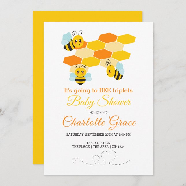 Cute Bumble Bee Triplets Personalized Baby Shower Invitation (Front/Back)