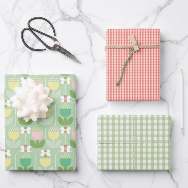 Cute Bumble Bee, Tulips & Gingham |  Pink &Green Wrapping Paper Sheets (Front)