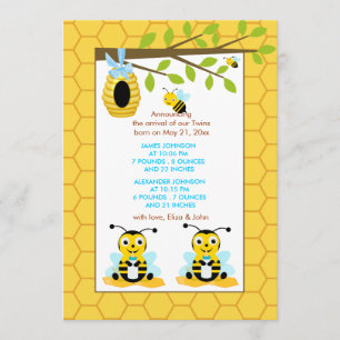 Cute Bumble Bee Twins Boy Baby Birth Announcement