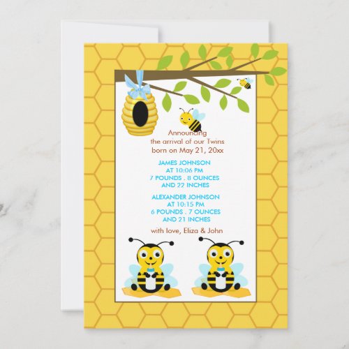Cute Bumble Bee Twins Boy Baby Birth Announcement
