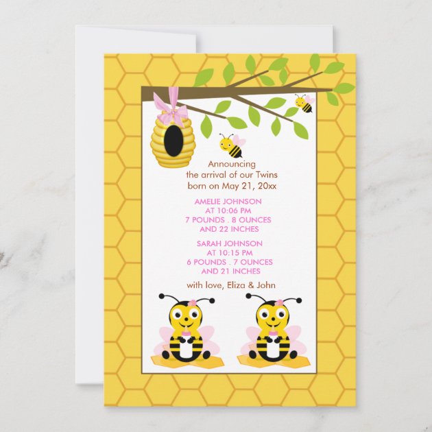 Cute Bumble Bee Twins Girl Baby Birth Announcement