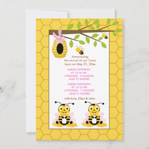 Cute Bumble Bee Twins Girl Baby Birth Announcement