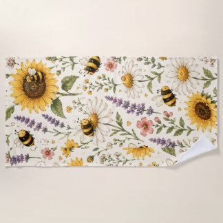 Cute Bumble Bee & Wildflower Pattern Beach Towel