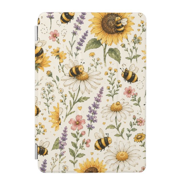Cute Bumble Bee & Wildflower Pattern iPad Mini Cover (Front)