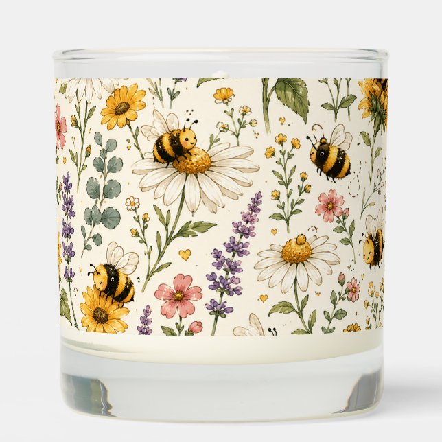 Cute Bumble Bee & Wildflower Pattern Scented Candle (Front)