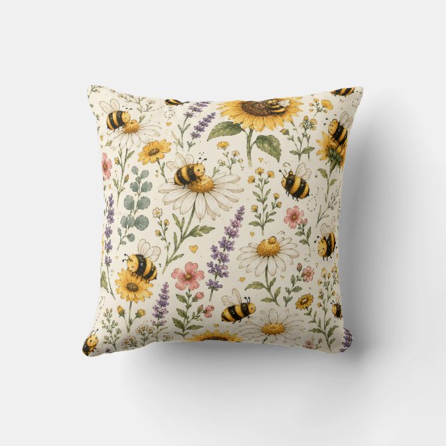 Cute Bumble Bee & Wildflower Pattern Throw Pillow (Back)