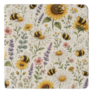 Cute Bumble Bee & Wildflower Pattern Trivet