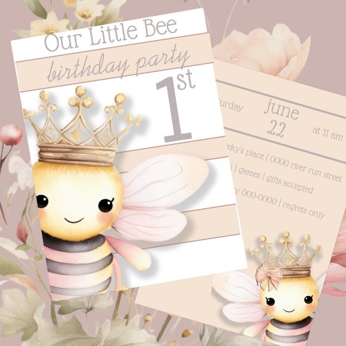 Cute Bumble Bee with Crown  Blush Pink  Ivory  Invitation