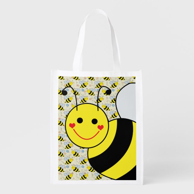 Cute Bumble Bee with Pattern Reusable Grocery Bag (Front)