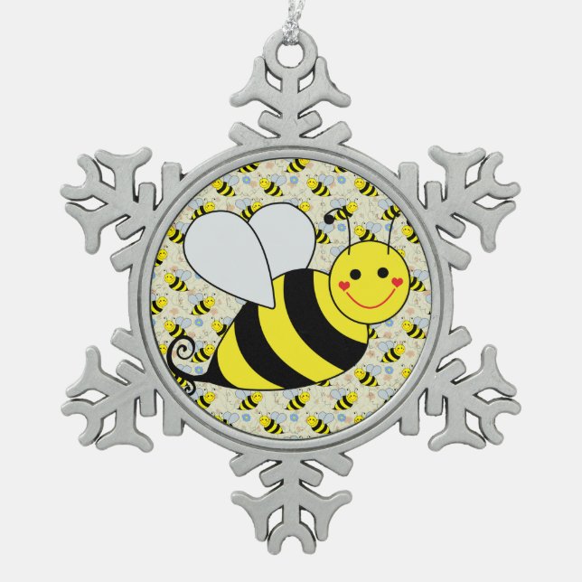 Cute Bumble Bee with Pattern Snowflake Pewter Christmas Ornament (Front)