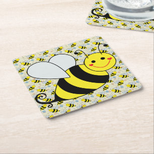 Cute Bumble Bee with Pattern Square Paper Coaster