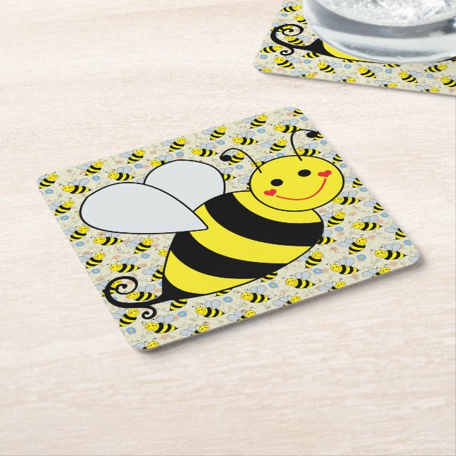 Cute Bumble Bee with Pattern Square Paper Coaster (Angled)
