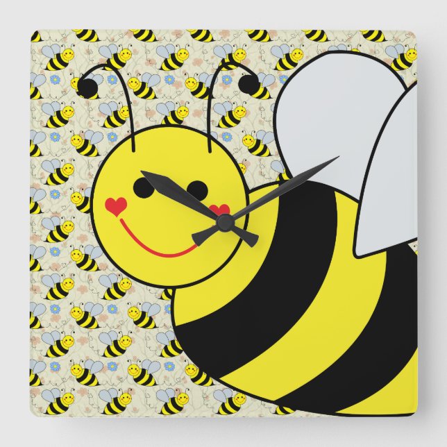 Cute Bumble Bee with Pattern Square Wall Clock (Front)