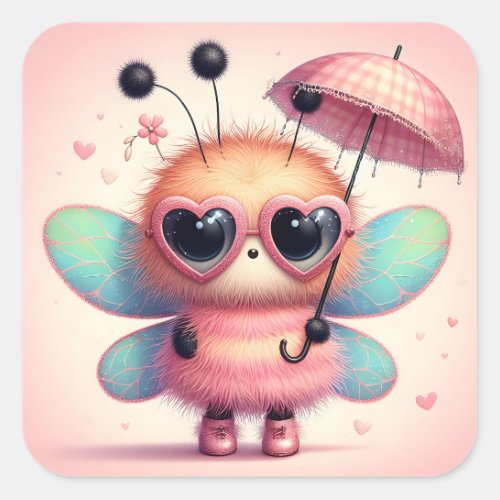 Cute Bumble Bee with Umbrella Square Sticker
