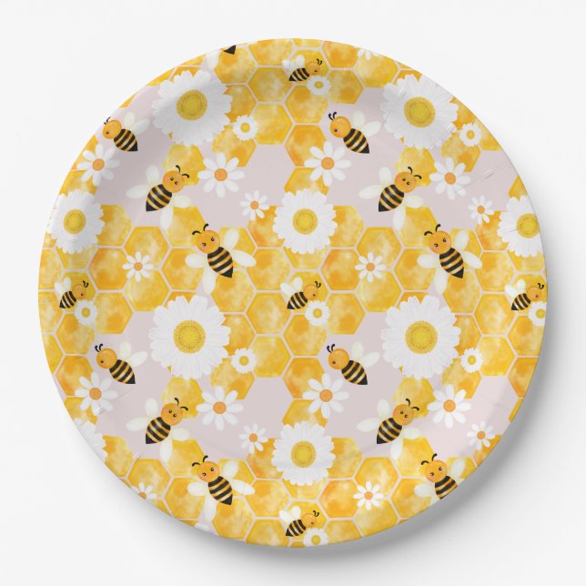 Cute Bumble Bee Yellow Honey Comb Baby Shower Paper Plates (Front)