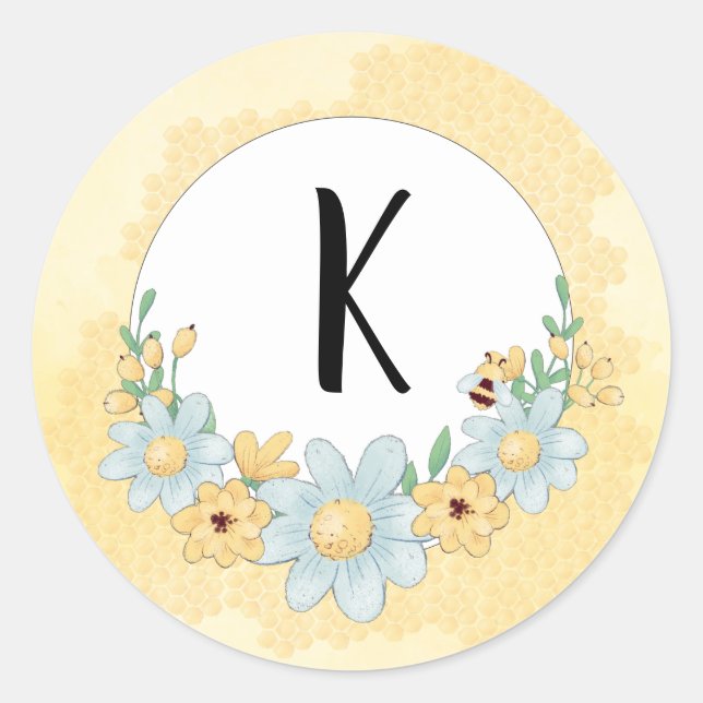 Cute Bumble Bee Yellow Monogram Classic Round Sticker (Front)