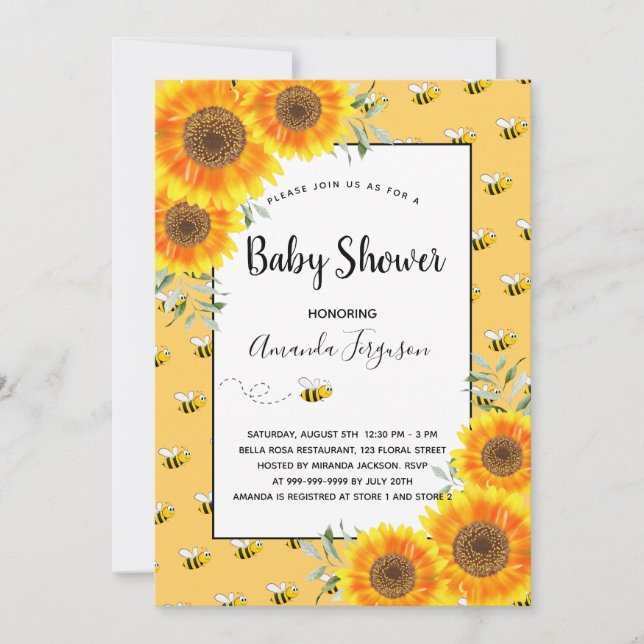 Cute bumble bee yellow sunflowers baby shower  invitation (Front)