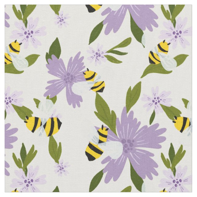 Cute bumble bees and purple flowers fabric (Close Up)