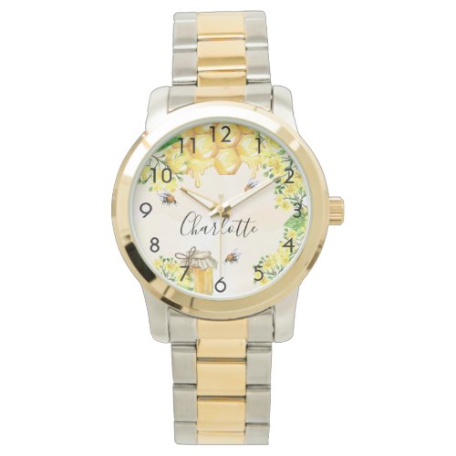 Cute bumble bees honey yellow monogram name watch