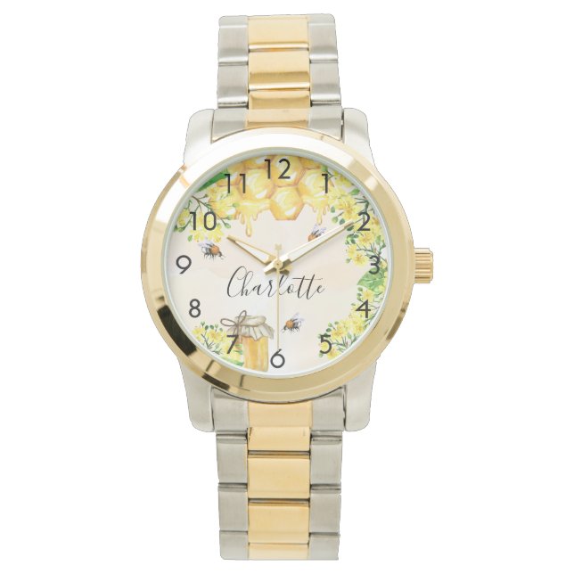 Cute bumble bees honey yellow monogram name watch (Front)