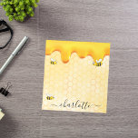 Cute bumble bees honeycomb honey dripping monogram notepad<br><div class="desc">Add some fun and humor to your summer grocery shopping lists or home office! Yellow, white background with a bee honeycomb pattern and happy, smiling bumble bees. Decorated with sweet dripping honey. Your name written with a black hand lettered style script with swashes. To keep the swashes only delete the...</div>