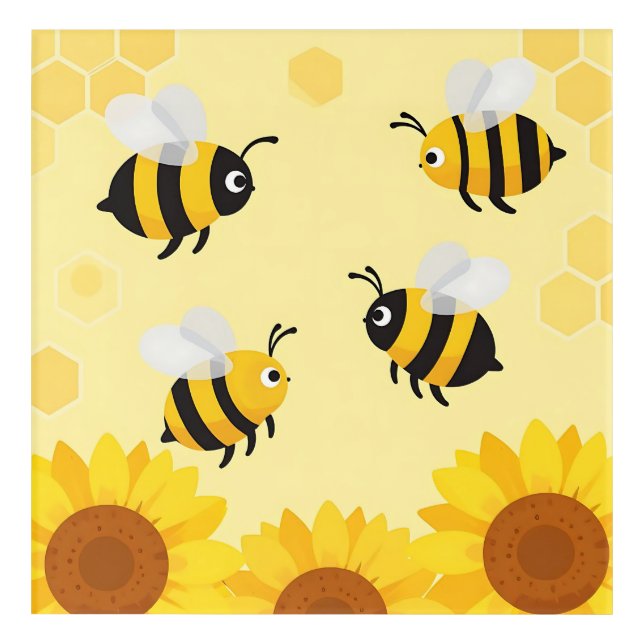 Cute Bumble Bees Sunflowers Honeycomb Pattern Acrylic Print (Front)