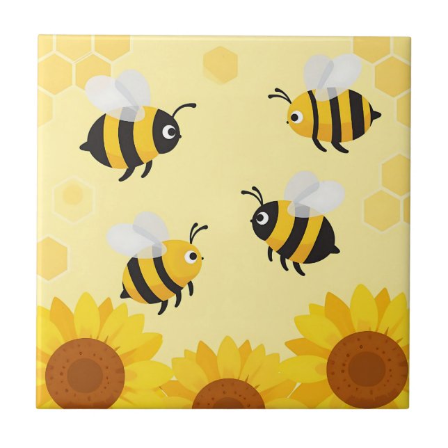 Cute Bumble Bees Sunflowers Honeycomb Pattern Ceramic Tile (Front)