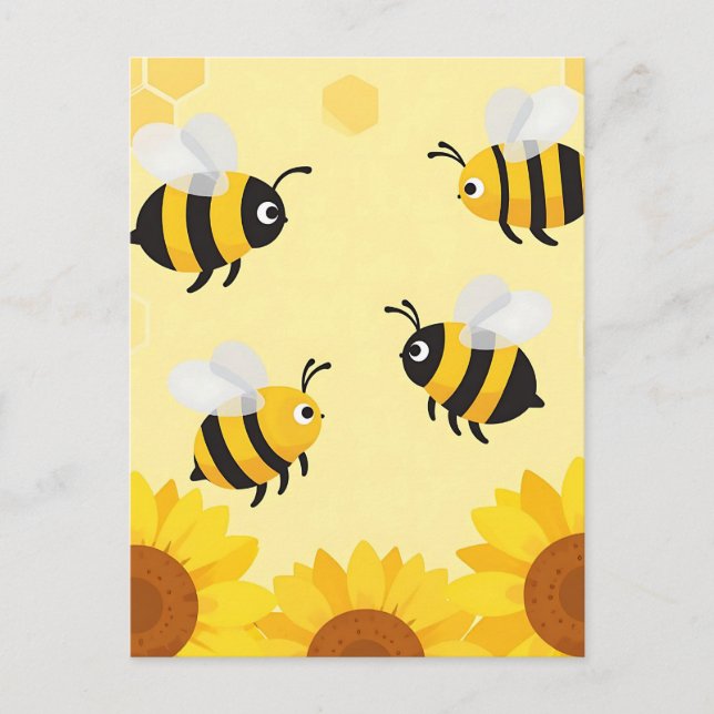 Cute Bumble Bees Sunflowers Honeycomb Pattern Postcard (Front)