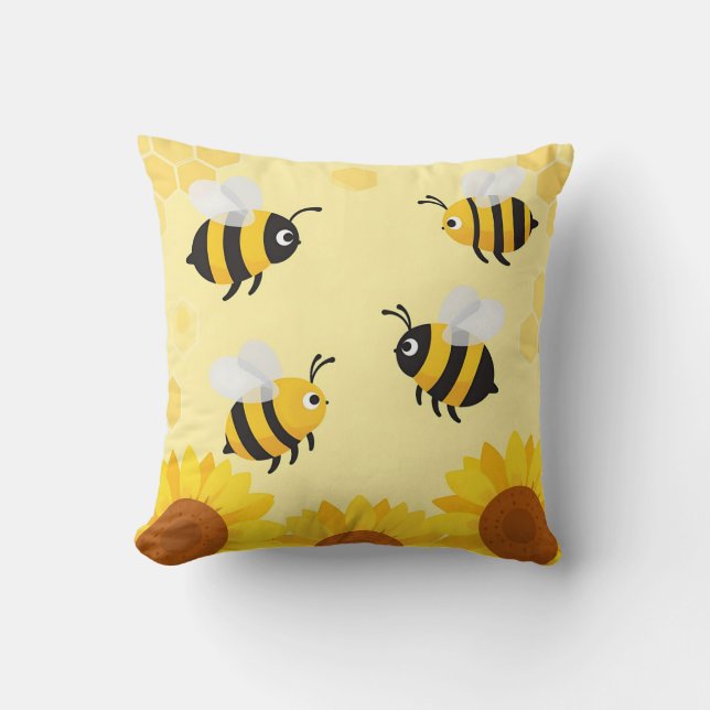 Cute Bumble Bees Sunflowers Honeycomb Pattern Throw Pillow (Front)